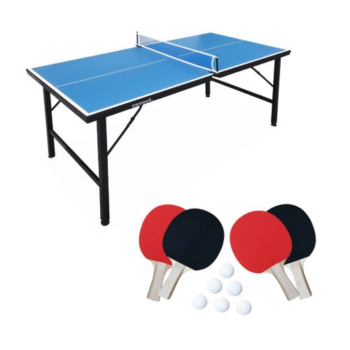 Mini Table De Ping Pong 150x75cm - Table Pliable Indoor Bleue. Avec 4 Raquettes Et 6 Balles
