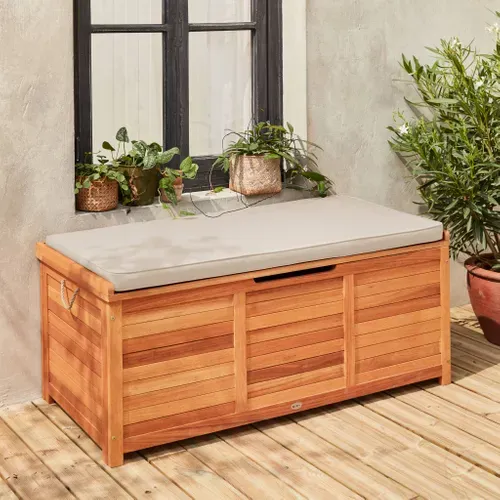 Coffre De Jardin 200l En Bois - Caja Beige - 125x60cm Rangement Coussins Avec 2 Vérins Et Poignées