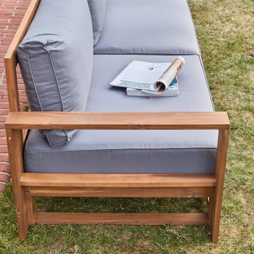 Salon De Jardin En Bois 5 Places - Mendoza - Coussins Gris. Canapé. Fauteuils Et Table Basse En