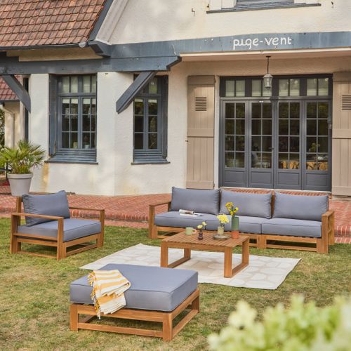 Salon De Jardin En Bois 5 Places - Mendoza - Coussins Gris. Canapé. Fauteuils Et Table Basse En
