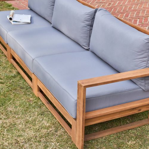 Salon De Jardin En Bois 5 Places - Mendoza - Coussins Gris. Canapé. Fauteuils Et Table Basse En