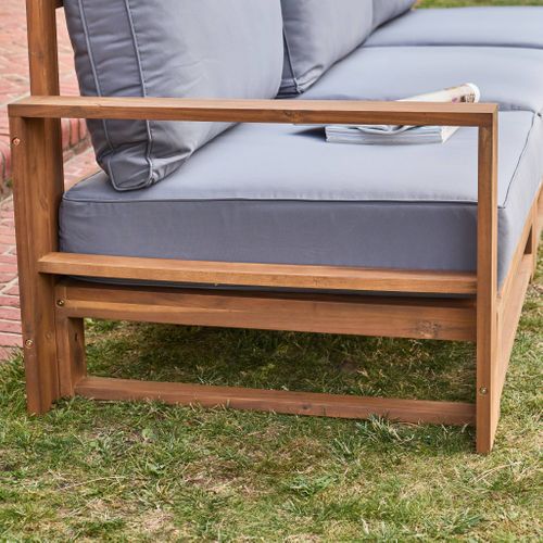 Salon De Jardin En Bois 5 Places - Mendoza - Coussins Gris. Canapé. Fauteuils Et Table Basse En