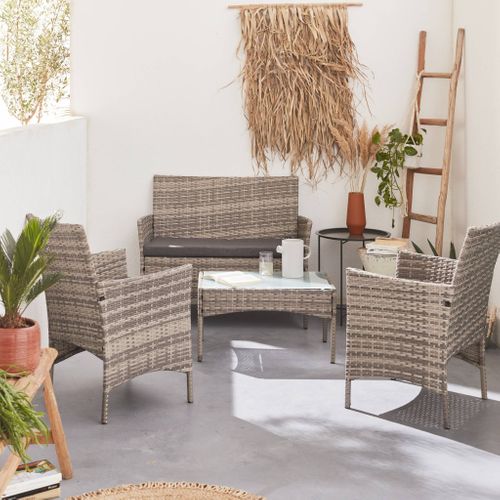 Salon De Jardin En Résine Tressée - Moltès - Nuances De Gris. Coussins Gris - 4 Places - 1 Canapé.