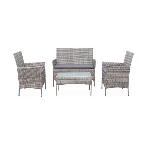Salon De Jardin En Résine Tressée - Moltès - Nuances De Gris. Coussins Gris - 4 Places - 1 Canapé.