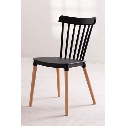 Lot De 2 Chaises Style Scandinave À Barreaux Modèle Pop - Coque En Résine Noire Et Pieds En Bois Na