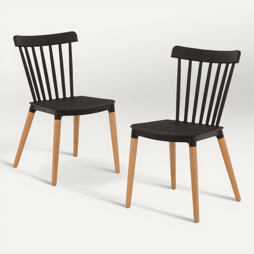Lot De 2 Chaises Style Scandinave À Barreaux Modèle Pop - Coque En Résine Noire Et Pieds En Bois Na