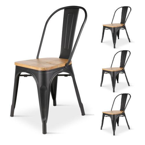 Lot De 4 Chaises En Métal Noir Mat Et Assise En Bois Clair - Style Industriel