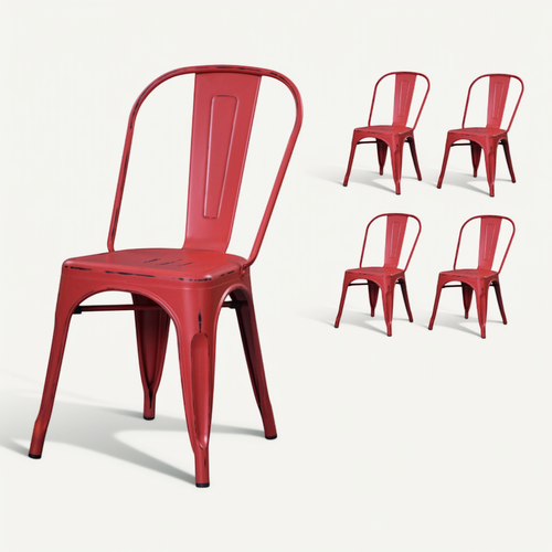 Lot De 4 Chaises En Métal Rouge Mat Style Industriel - Effet Vieillit