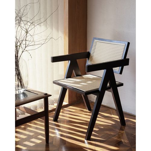 Chaise Avec Structure Noire En Bois, Assise Et Dossier En Cannage Naturel