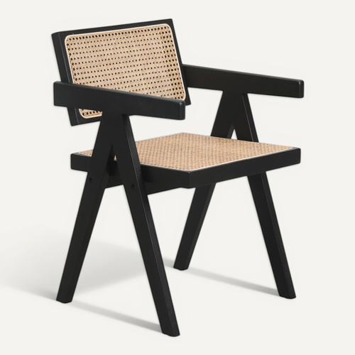 Chaise Avec Structure Noire En Bois, Assise Et Dossier En Cannage Naturel