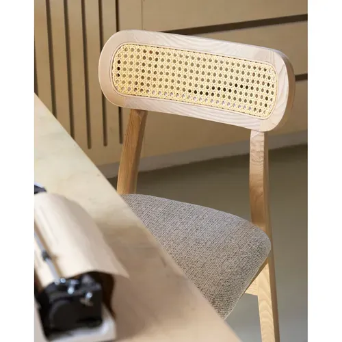 Lot De 2 Chaises En Bois Massif, Dossier En Cannage Et Assise En Tissu Chiné Gris