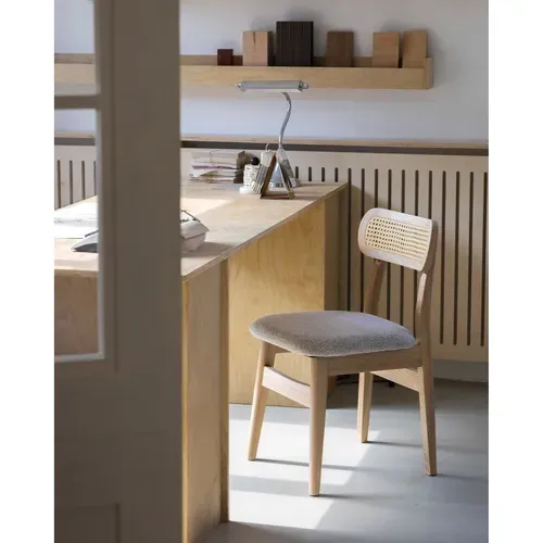 Lot De 2 Chaises En Bois Massif, Dossier En Cannage Et Assise En Tissu Chiné Gris
