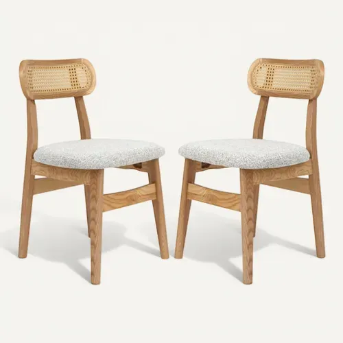 Lot De 2 Chaises En Bois Massif, Dossier En Cannage Et Assise En Tissu Chiné Gris