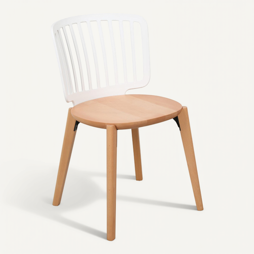 Chaise Eira Design Scandinave – Dossier Résine Blanche, Assise Bois – Pieds Bois Naturel
