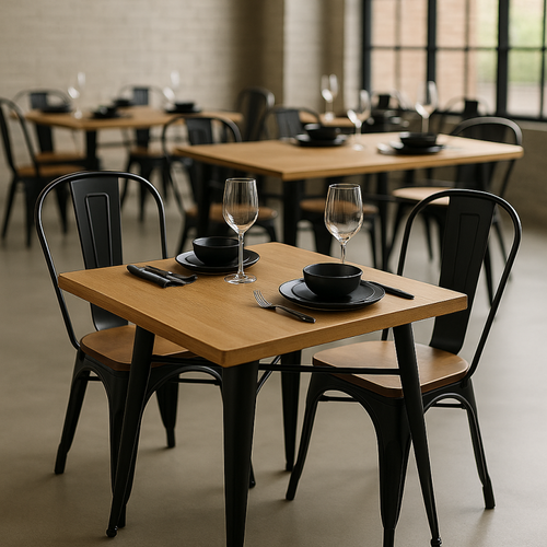 Ensemble Table Et Chaises Style Industriel, Métal Noir Mat Et Bois Naturel Clair, 160x80 Cm