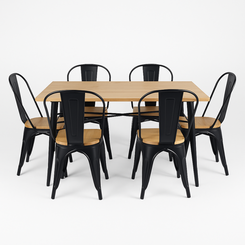 Ensemble Table Et Chaises Style Industriel, Métal Noir Mat Et Bois Clair Naturel, 140x80 Cm