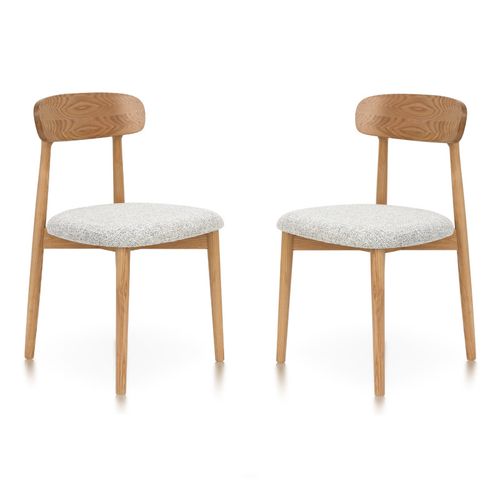 Lot De 2 Chaises En Bois Massif Naturel Avec Assise Confortable En Tissu Chiné Gris Clair