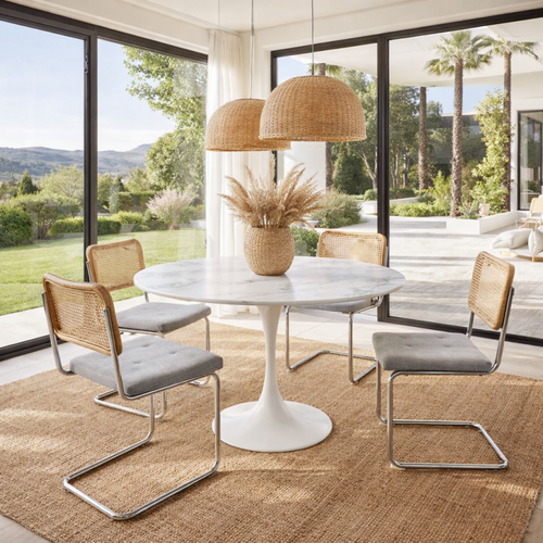 Chaise Rétro Avec Pieds En Métal, Assise En Tissu Chiné Et Cannage Naturel