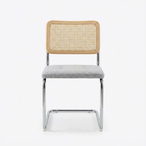 Chaise Rétro Avec Pieds En Métal, Assise En Tissu Chiné Et Cannage Naturel