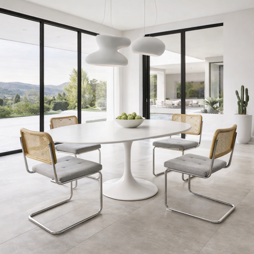 Chaise Rétro Avec Pieds En Métal, Assise En Tissu Chiné Et Cannage Naturel