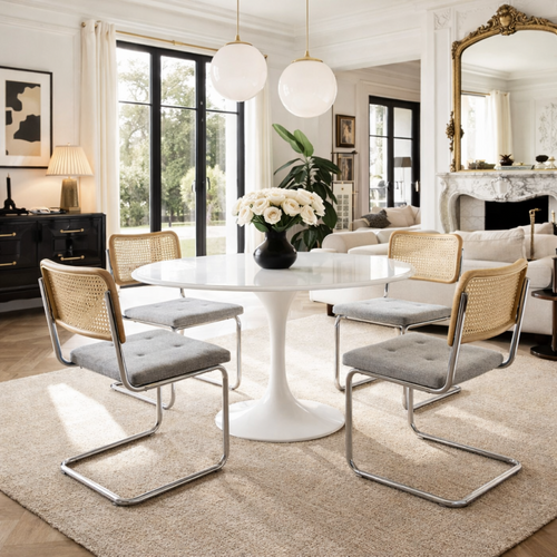 Chaise Rétro Avec Pieds En Métal, Assise En Tissu Chiné Et Cannage Naturel