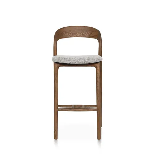 Tabouret De Bar Julia En Bois De Frêne Effet Noyer, Assise 68 Cm Rembourrée En Tissu Chiné