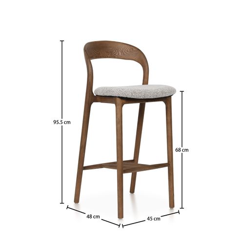 Tabouret De Bar Julia En Bois De Frêne Effet Noyer, Assise 68 Cm Rembourrée En Tissu Chiné