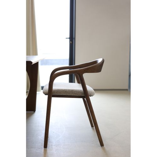 Chaise Salle À Manger Bois De Frêne Et Tissu Brun Avec Accoudoirs, Rembourrée