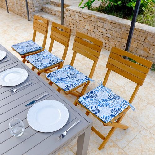 Lot De 4 Galettes De Chaise Motif Feuillage Bleu 35x35 Cm