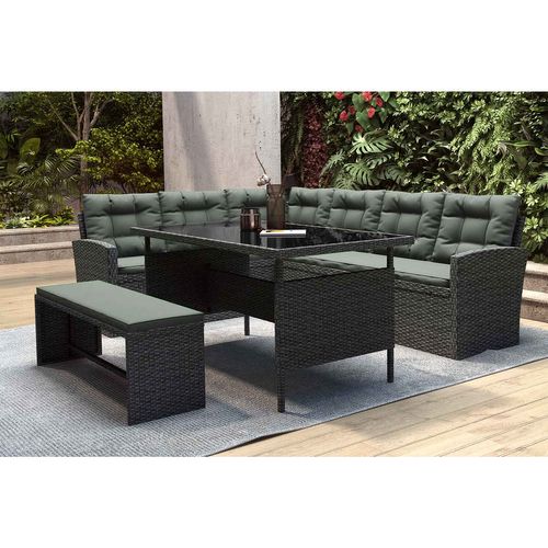 Moorea - Salon De Jardin 8 Places Avec Canapé D'angle En Résine Tressée Anthracite Et Vert