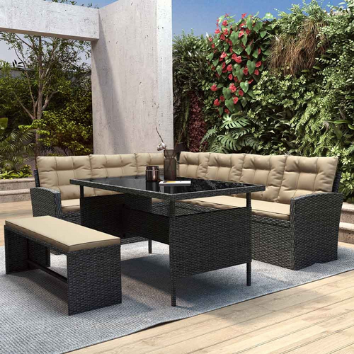 Moorea - Salon De Jardin Modulable 8 Places Avec Canapé D'angle En Résine Tressée Gris Foncé Et écru
