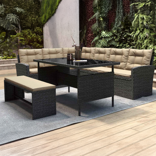 Moorea - Salon De Jardin Modulable 8 Places Avec Canapé D'angle En Résine Tressée Gris Foncé Et écru