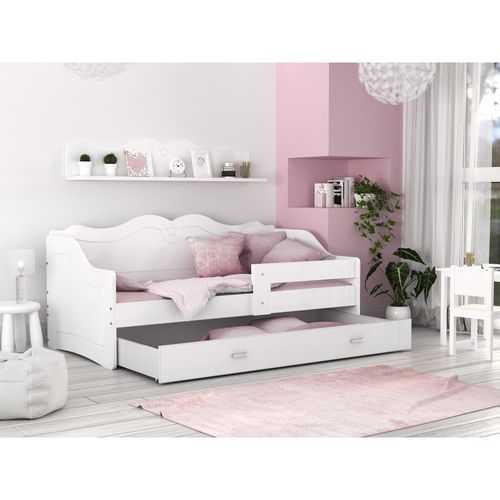 Lit Enfant Lily 80x160 Blanc Livré Avec Sommiers, Tiroir Et Matelas En Mousse De 7cm