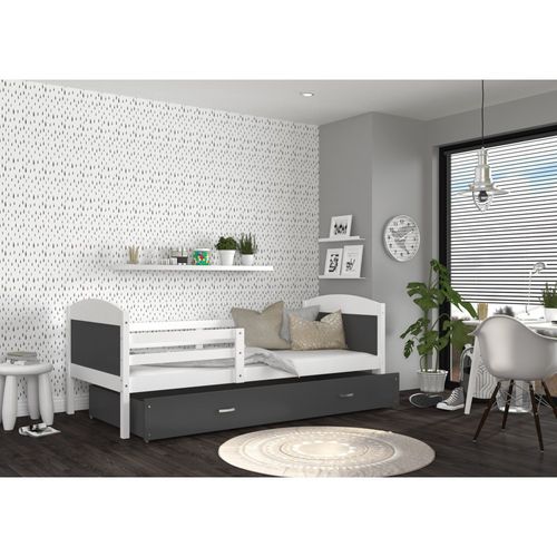 Lit Enfant Matis 90x190 Cm Livré Avec Le Sommiers Et Tiroir - Blanc/Gris