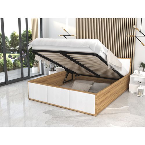 Lit Coffre 140x190 Cm Panama T - Tête De Lit - Coffre 740 L - Sommier Inclus - Chêne - Blanc
