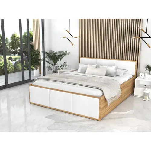 Lit Coffre 140x190 Cm Panama T - Tête De Lit - Coffre 740 L - Sommier Inclus - Chêne - Blanc