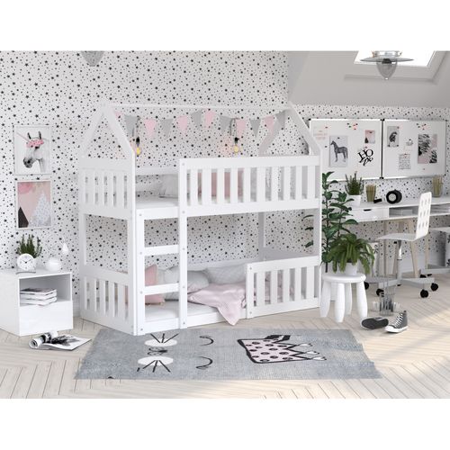 Lit Superposé Enfant Cabane Mini 80 X 160 Cm - Bois Massif - Barrière De Sécurité Incluse - Blanc