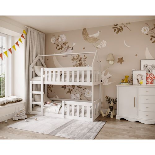 Lit Superposé Enfant Cabane Mini 80 X 160 Cm - Bois Massif - Barrière De Sécurité Incluse - Blanc