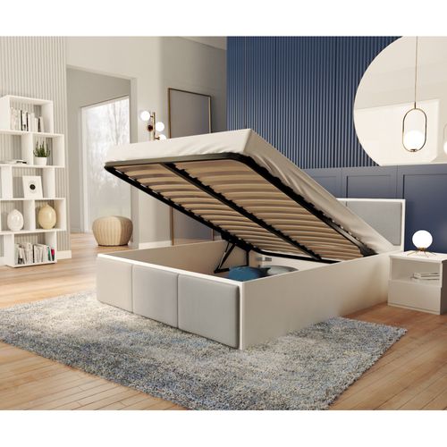 Lit Coffre 120 X 200 Cm Panama T - Coffre De 670 L - Sommier Inclus - Blanc - Gris Clair
