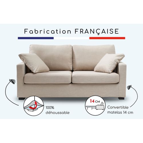 Convertible 14 Cm Hr 35kg/m³ Canapé 3 Pl Lys 185 Cm Tissu Beige - Fab. France