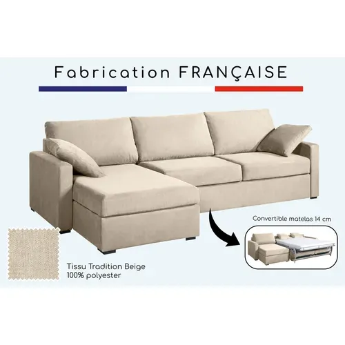 Canapé D'angle Convertible 14 Cm Lys 260x160 Cm Beige - Fab. En France
