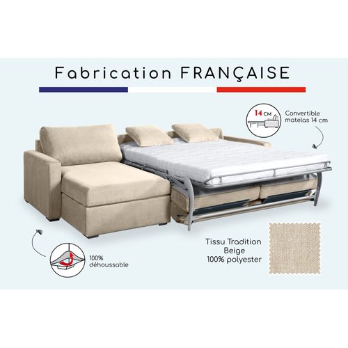 Canapé D'angle Convertible 14 Cm Lys 260x160 Cm Beige - Fab. En France