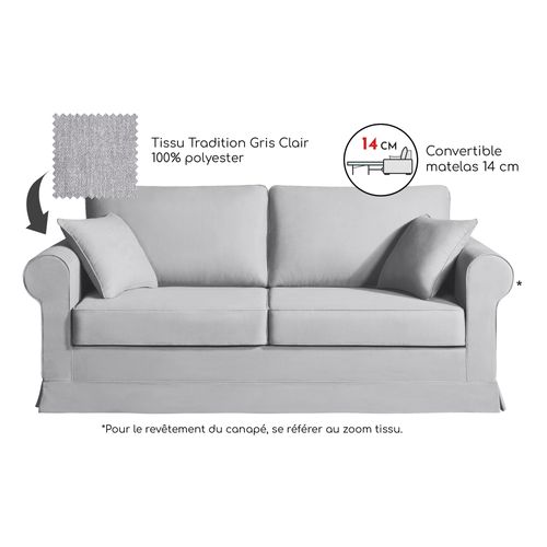 Convertible 14 Cm Hr 35kg/m³ Canapé 3 Pl Colme 200 Cm Tissu Gris Clair