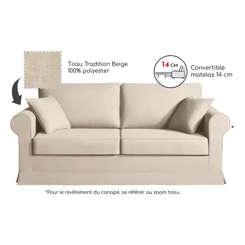 Convertible 14 Cm Hr 35kg/m³ Canapé 3 Pl Colme 200 Cm Tissu Beige