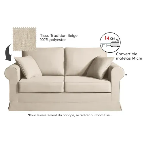 Convertible 14 Cm Hr 35kg/m³ Canapé 2 Pl Colme 180 Cm Tissu Beige - Fab. France