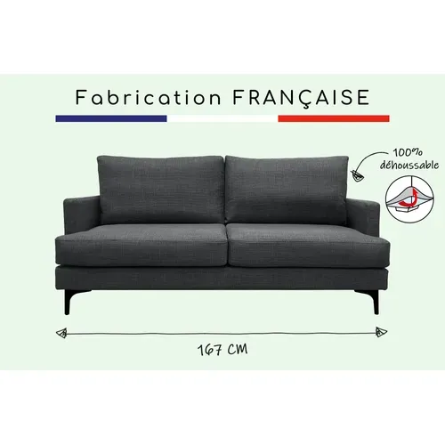 Canapé 3 Pl Wimy 167 Cm Fixe Tissu Anthracite - 100% Déhoussable - Fab. France