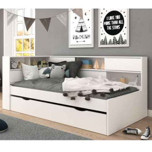 Pack Lit Cosy Avec Tiroir Et Matelas Play   Blanc Et Bois 90x190 Cm