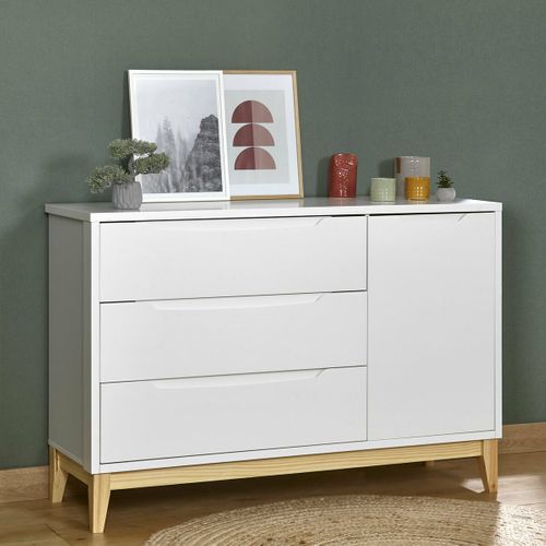 Commode 3 Tiroirs 1 Porte Yoona   Blanc Et Bois