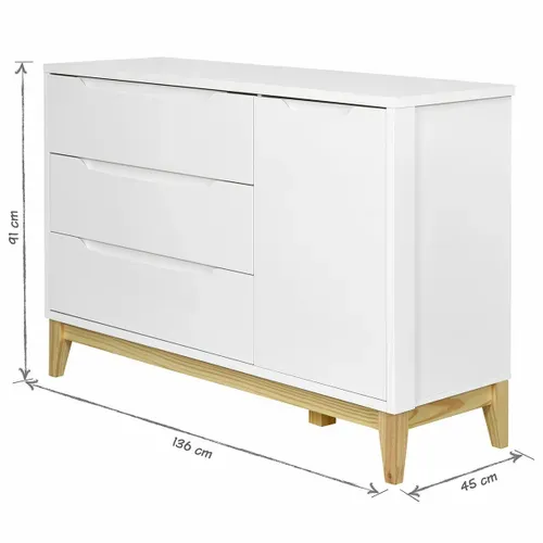 Commode 3 Tiroirs 1 Porte Yoona   Blanc Et Bois