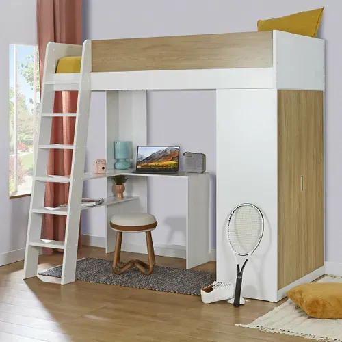 Lit Mezzanine Combiné Memphis   Blanc Et Bois 90x190 Cm